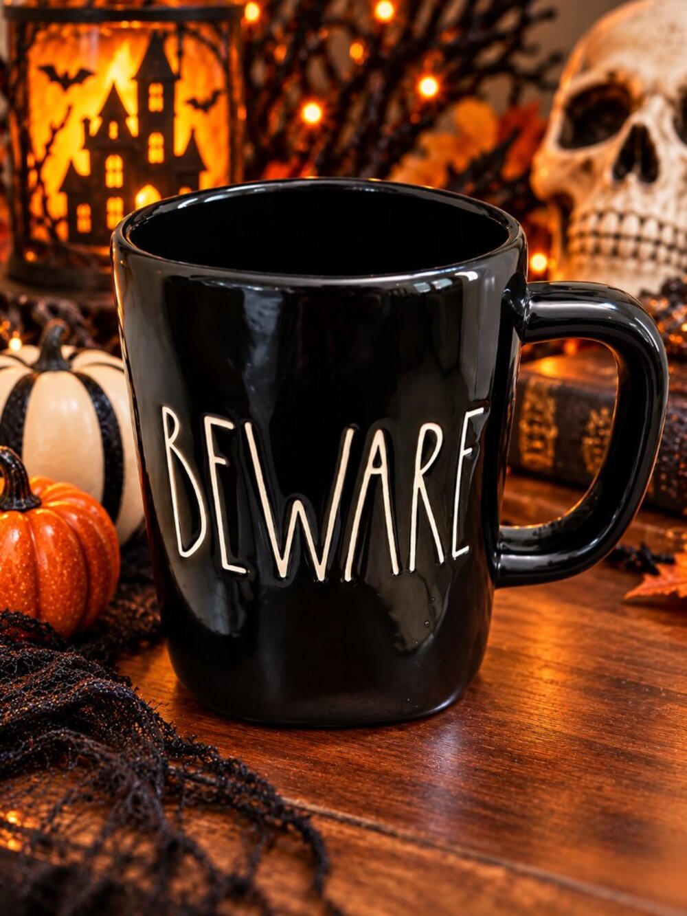 RAE DUNN Double Sided BEWARE Skeleton Black Halloween Mug Holiday Decor NEW